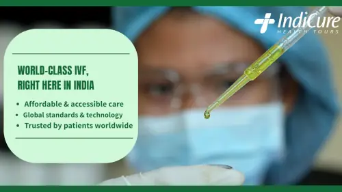 A close-up shot of a medical professional in a sterile lab, wearing a mask and gloves, using a pipette to handle a small vial. The image features a text overlay that says, "WORLD-CLASS IVF, RIGHT HERE IN INDIA," with points about affordable care, global technology, and trust. A close-up shot of a medical professional in a sterile lab, wearing a mask and gloves, using a pipette to handle a small vial. The image features a text overlay that says, "WORLD-CLASS IVF, RIGHT HERE IN INDIA," with points about affordable care, global technology, and trust.